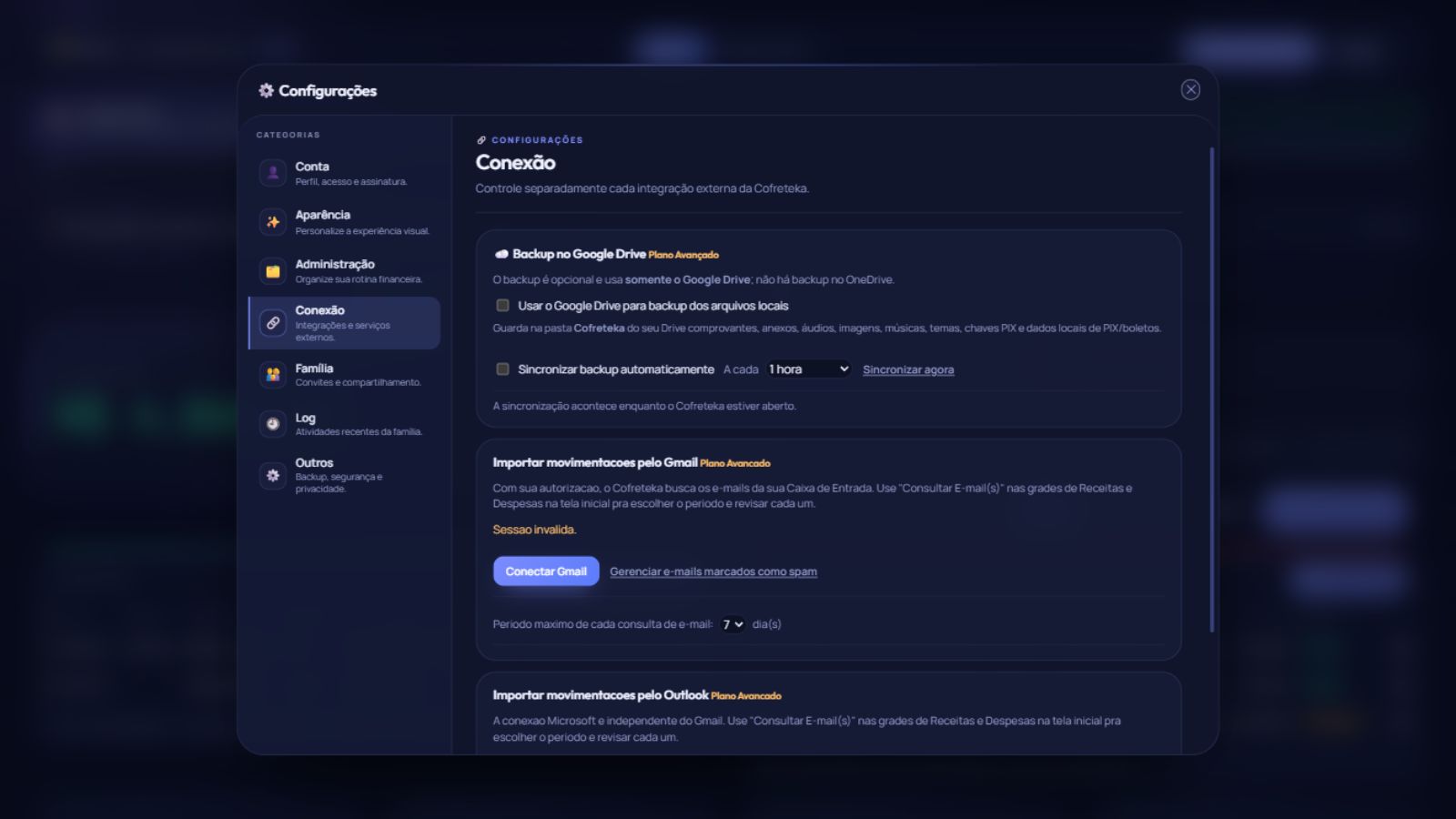 Configurações reais de Google Drive, Gmail e Outlook no Cofreteka
