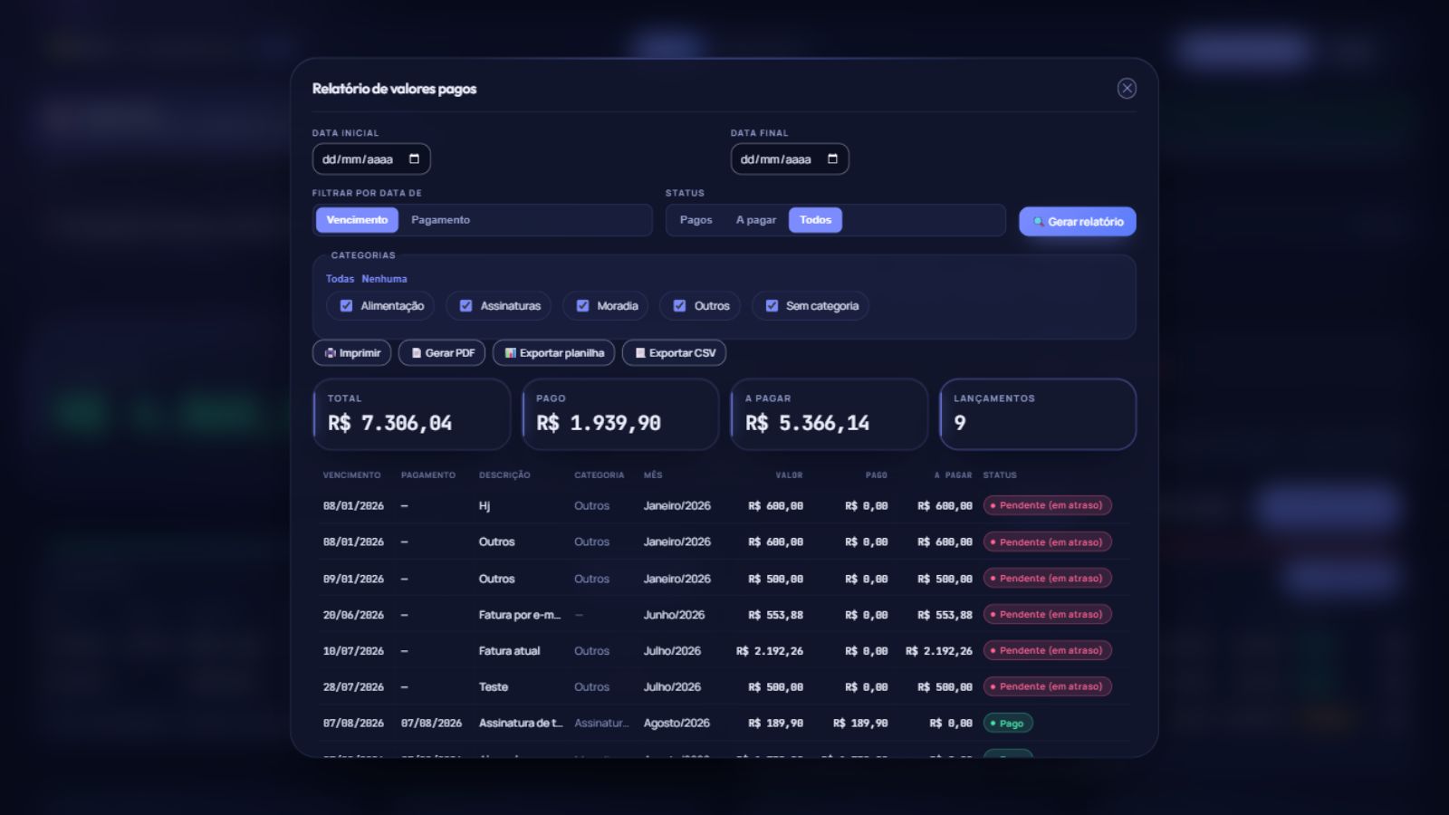 Relatório real de pagamentos do Cofreteka em modo computador